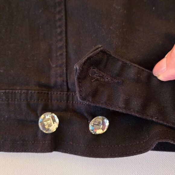 Women's Zebra Print Trim Crystal Button Front Denim Cotton Jacket Black Large - Picture 7 of 11